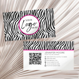 Pink Zebra Print Custom Company Logo QR Code Business Card