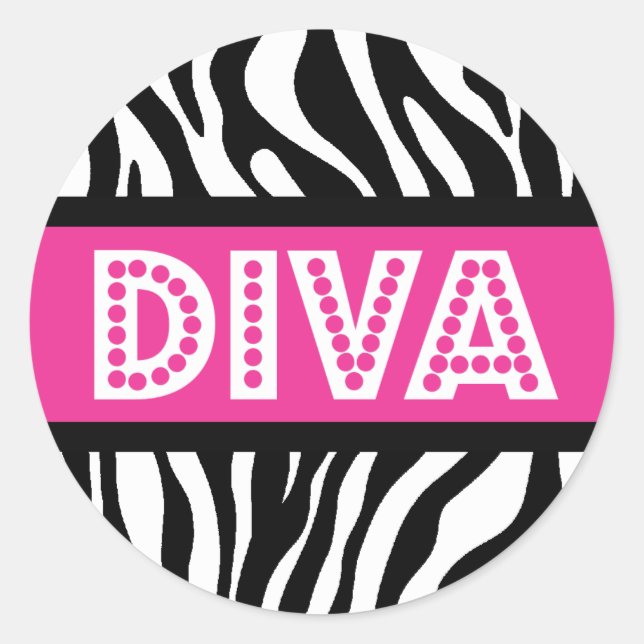 Pink & Zebra Print DIVA Typography Party Sticker (Front)
