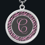 Pink Zebra Print Fancy Letter C Silver Plated Necklace<br><div class="desc">Script letter A in pink on a black and pink zebra print background.</div>
