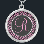 Pink Zebra Print Fancy Letter R Silver Plated Necklace<br><div class="desc">Script letter R in pink on a black and pink zebra print background.</div>