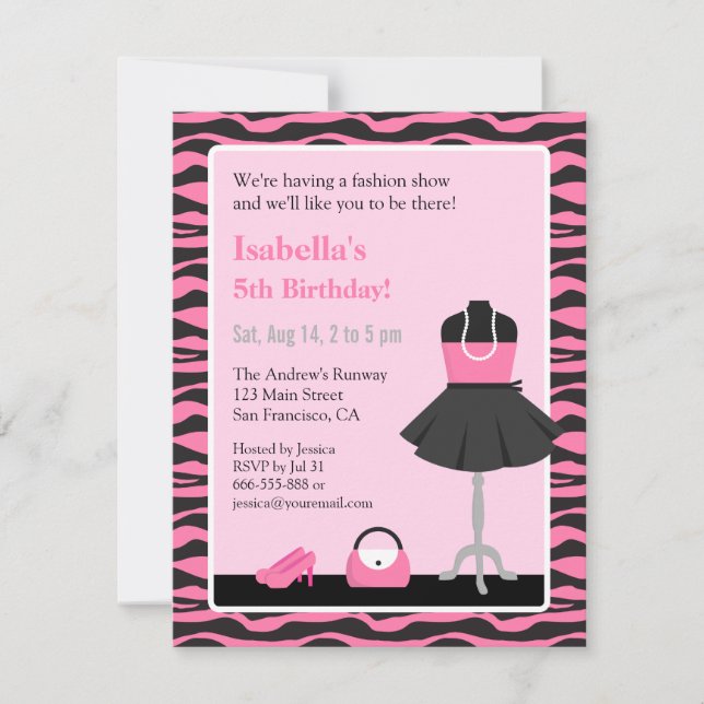Pink Zebra Print Fashion Show Girls Birthday Party Invitation (Front)