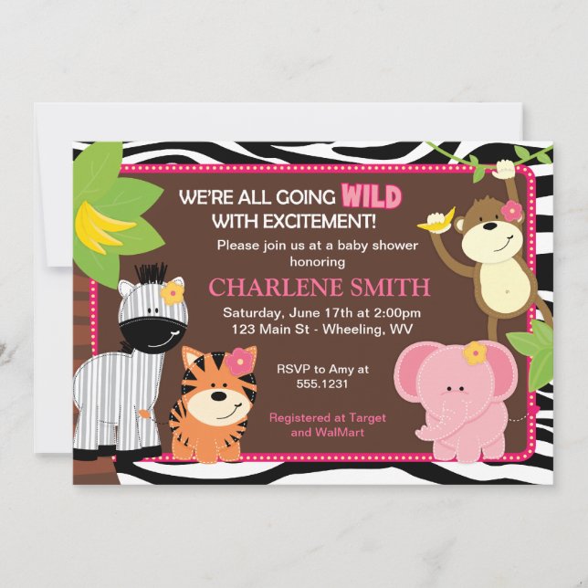 Pink Zebra Print Jungle Baby Shower Invitations (Front)