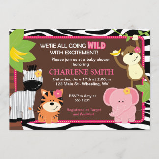 Pink Zebra Print Jungle Baby Shower Invitations