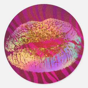 Pink Zebra Print Rainbow Gold Glitter Lips Favour Classic Round Sticker