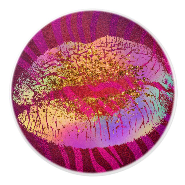 Pink Zebra Print Rainbow Gold Glitter Lips Kiss Ceramic Knob (Front)