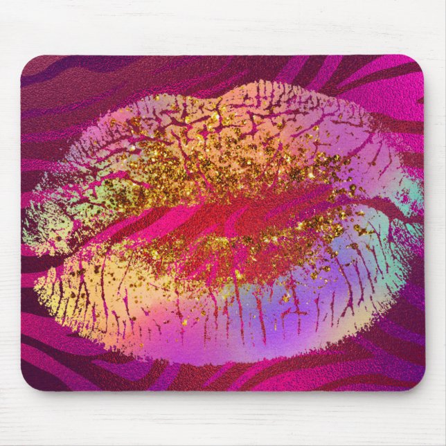 Pink Zebra Print Rainbow Gold Glitter Lips Kiss Mouse Mat (Front)