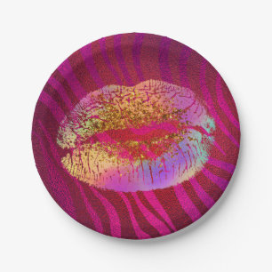 Pink Zebra Print Rainbow Gold Glitter Lips Party Paper Plate