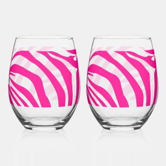 Pink zebra print stemless wine glass