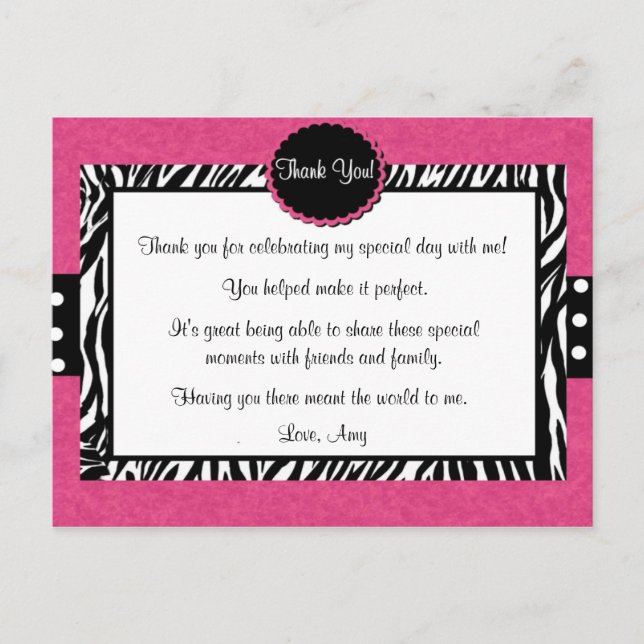 Pink Zebra Print Thank You Postcard (Front)