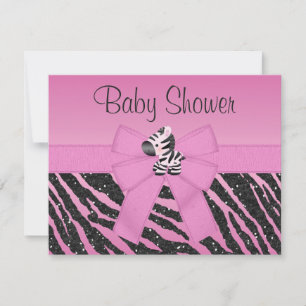 Pink Zebra Printed Bow & Glitter Look Baby Shower Invitation