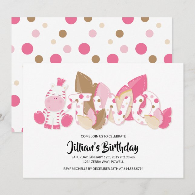 Pink Zebra Second Birthday Party Invitation (Front/Back)