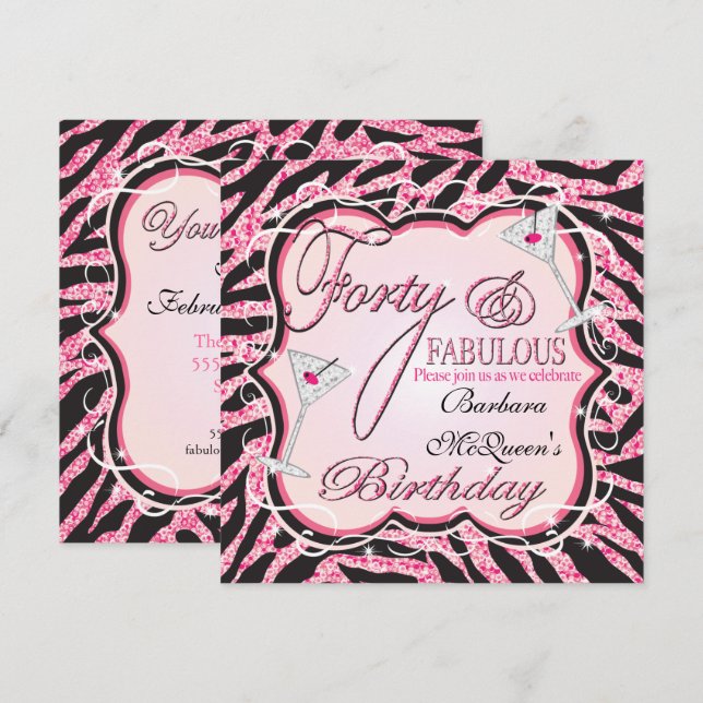 Pink Zebra Sequin 40th Birthday Party Invitations (Front/Back)