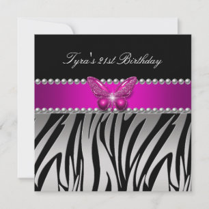 Pink Zebra Silver Black Butterfly Birthday Party Invitation