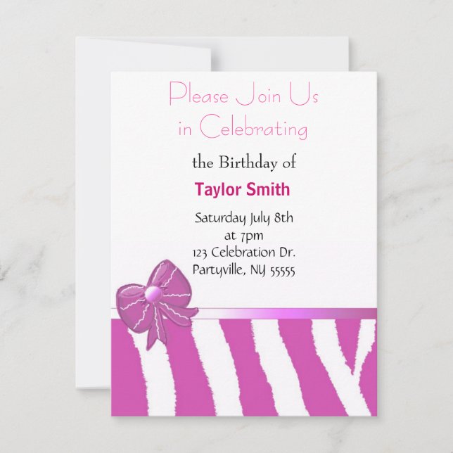 Pink Zebra Sripes Birthday Invitation (Front)
