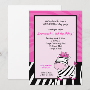 Pink Zebra Stripe 5x7 Birthday Invitation