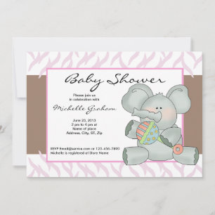 Pink Zebra Striped Baby Elephant Shower Invitation