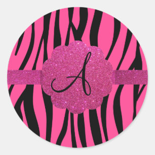 Pink zebra stripes monogram classic round sticker
