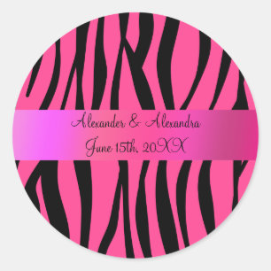 Pink zebra stripes wedding favours classic round sticker