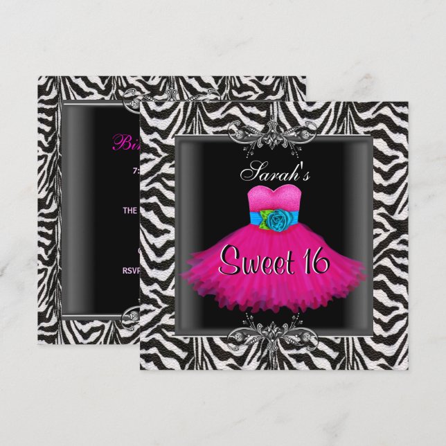 Pink Zebra  Sweet Sixteen 16 Birthday Black Dress Invitation (Front/Back)