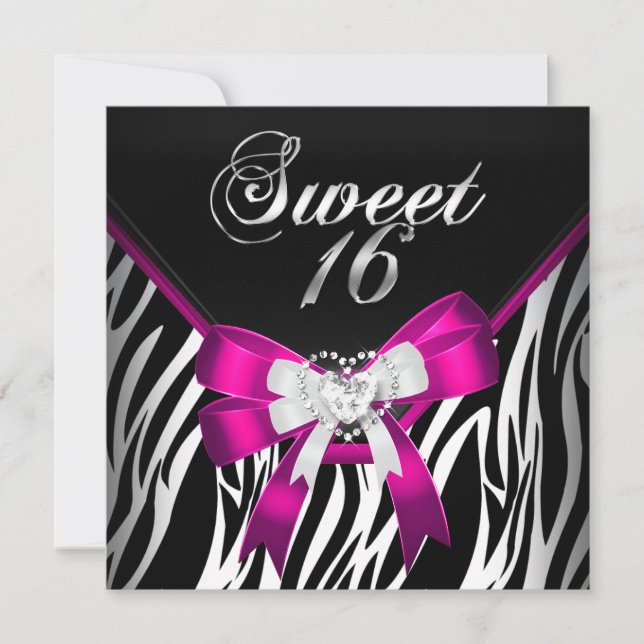 Pink Zebra Sweet Sixteen 16 Birthday Black White Invitation (Front)