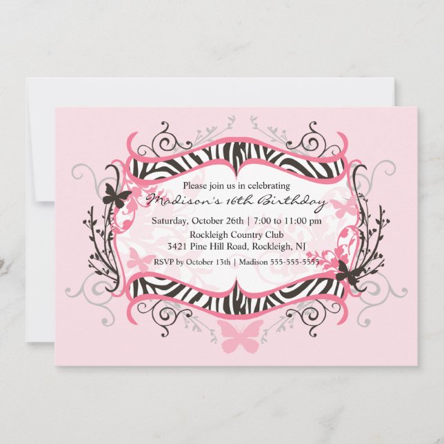 Pink Zebra Sweet Sixteen Birthday Invitation (Front)