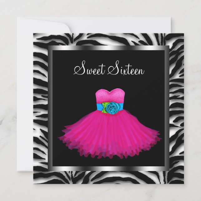 Pink Zebra Sweet Sixteen Birthday Party Invitation (Front)