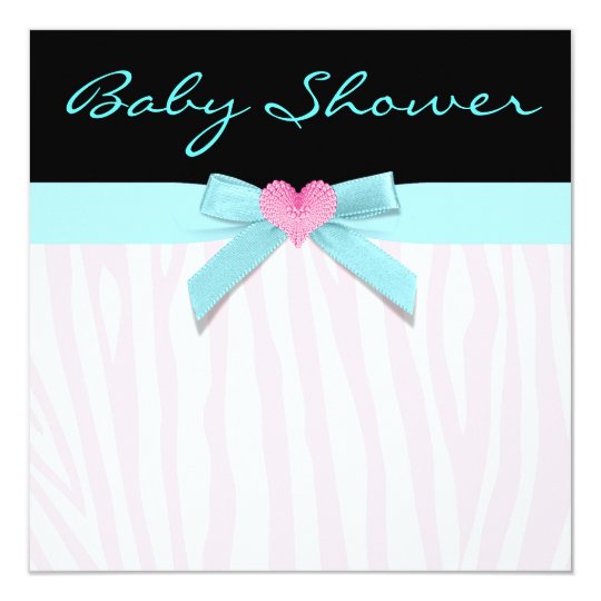 Pink Zebra Teal Heart Baby Girl Shower Card