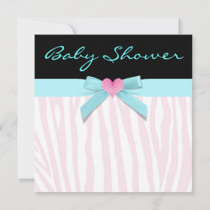 Pink Zebra Teal Heart Baby Girl Shower Invitation