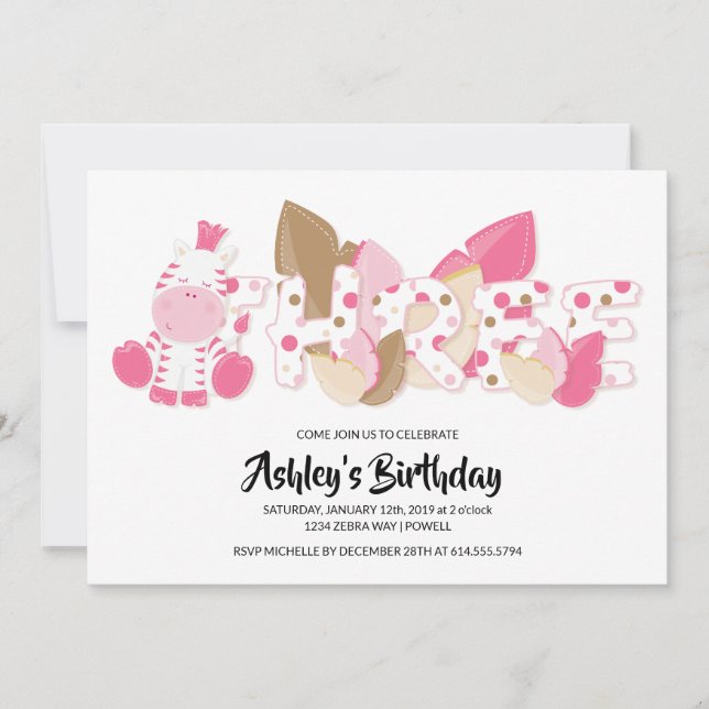 Pink Zebra Third Birthday Party Invitation (Front)