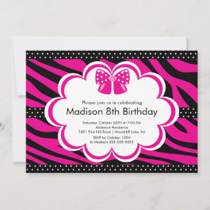 Pink Zebra Tween Birthday Party Invitation