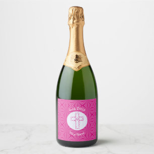 Pink Zig Zag Christian Cross on White Pink Name Sparkling Wine Label