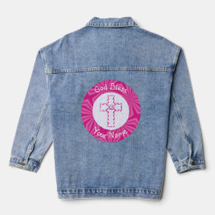 Pink Zig Zag Christian Cross Personalised Denim Jacket