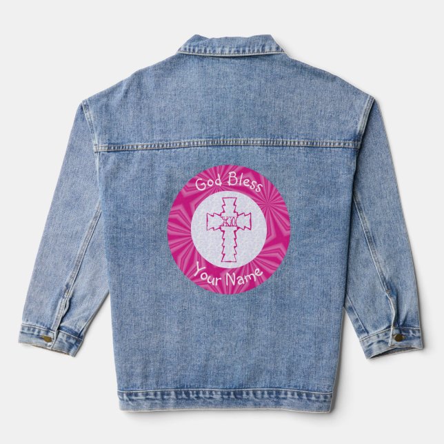 Pink Zig Zag Christian Cross Personalised Denim Jacket (Back)