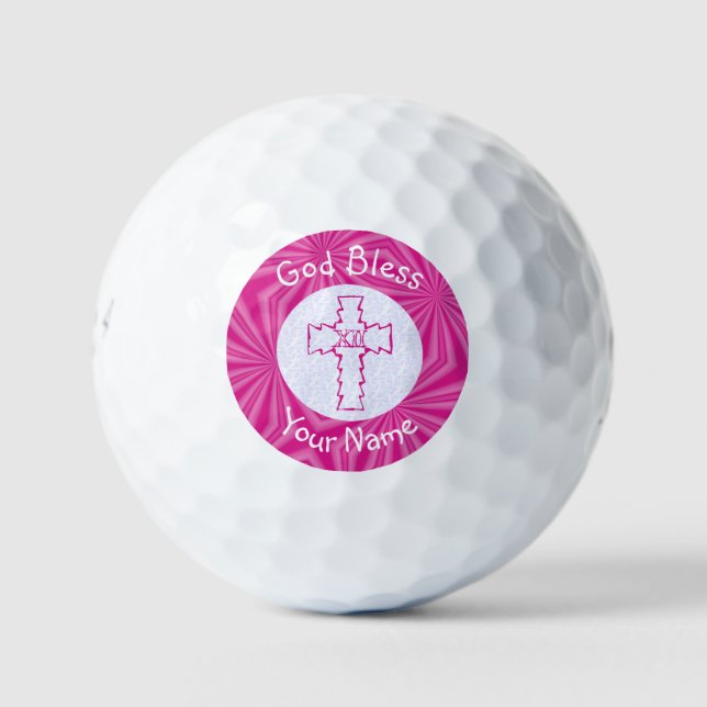 Pink Zig Zag Christian Cross Personalised Golf Balls (Front)