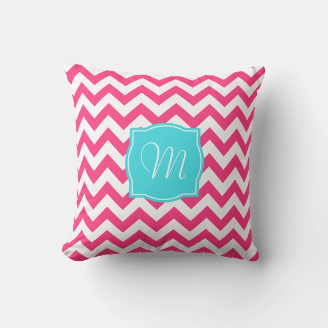 Pink Zigzag and Turquoise Monogram Cushion (Front)