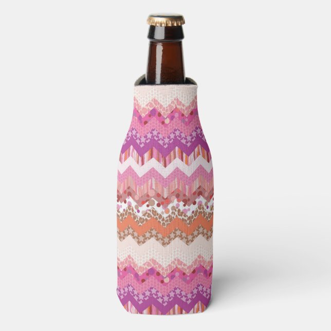 Pink zigzag background bottle cooler (Bottle Front)