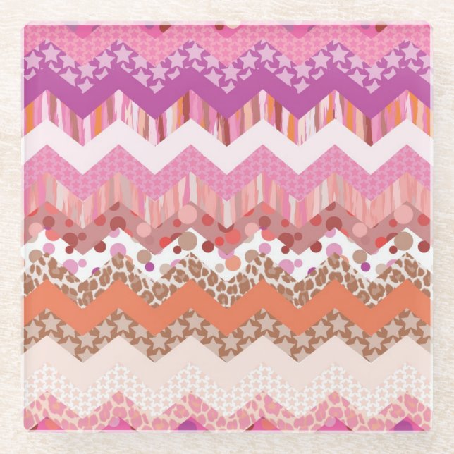 Pink zigzag background glass coaster (Front)