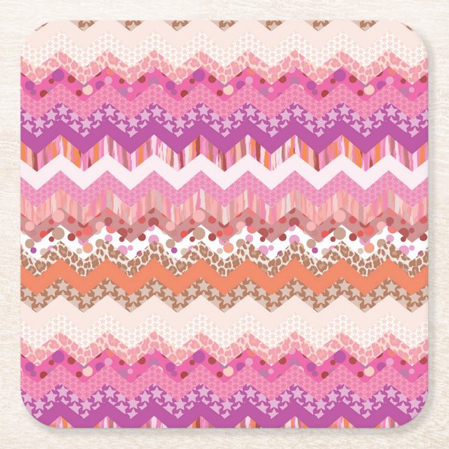 Pink zigzag background square paper coaster (Front)