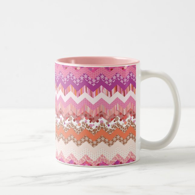 Pink zigzag background Two-Tone coffee mug (Right)