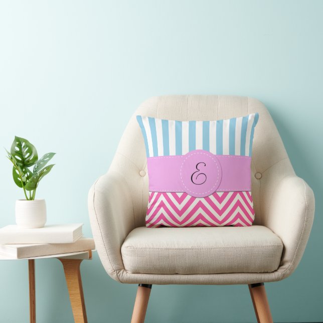 Pink Zigzag, Chevron, Blue Stripes, Monogram Cushion (Chair)