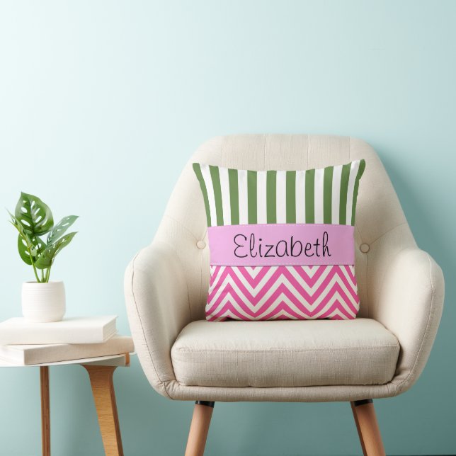 Pink Zigzag, Chevron, Green Stripes, Your Name Cushion (Chair)