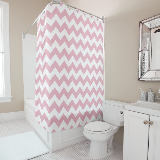 Pink Zigzag, Pink Chevron, Geometric Pattern Shower Curtain (In Situ)