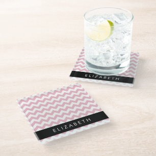 Pink Zigzag, Pink Chevron, Wave Pattern, Your Name Glass Coaster