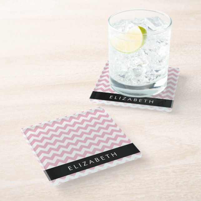 Pink Zigzag, Pink Chevron, Wave Pattern, Your Name Glass Coaster (Angled)
