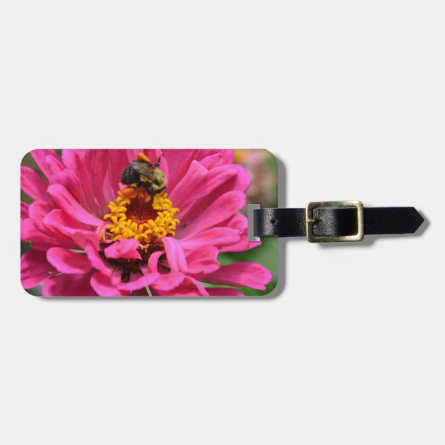 Pink Zinnia and Bumble bee Luggage Tag (Front Horizontal)