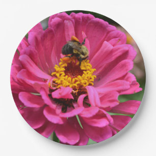 Pink Zinnia and Bumble bee Paper Plate