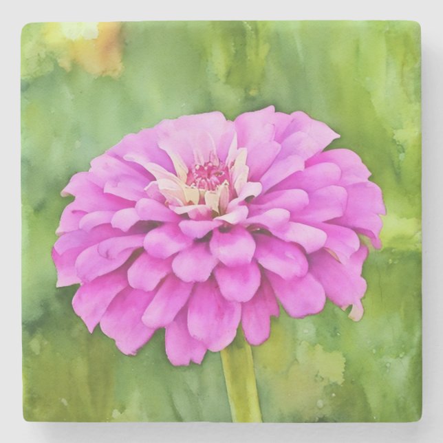 Pink Zinnia Flower Art Marble Stone Coaster (Front)