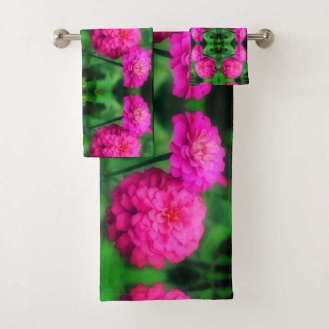 Pink Zinnia Flower Pair Close Up Abstract Pattern Bath Towel Set (Insitu)