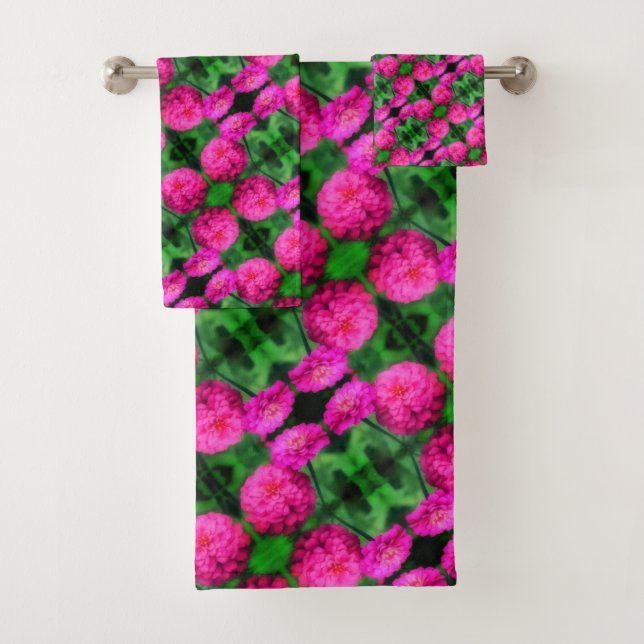 Pink Zinnia Flower Pair Close Up Abstract Pattern  Bath Towel Set (Insitu)