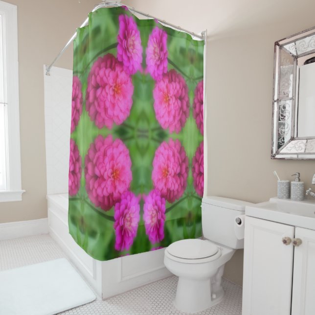 Pink Zinnia Flower Pair Close Up Abstract Pattern  Shower Curtain (In Situ)